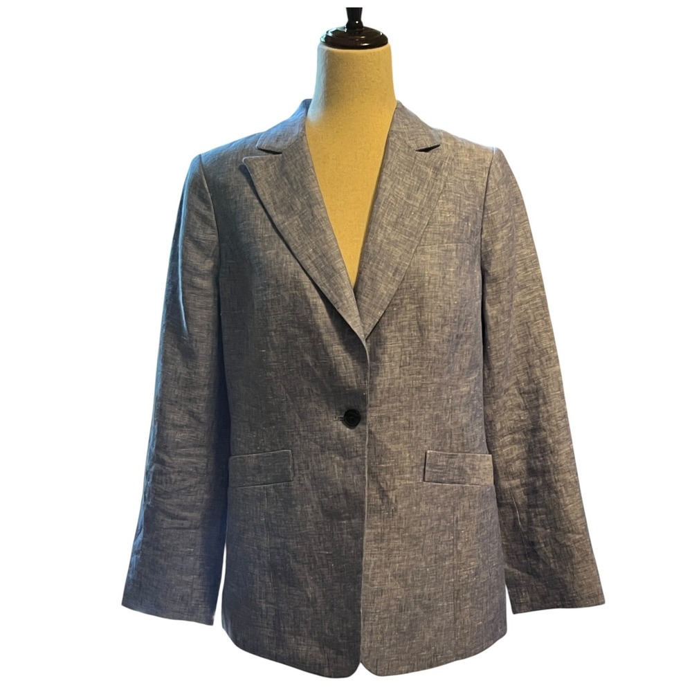 Talbots Linen Blazer Women 8 Blue Chambray Single Button Career Coastal *Flaw